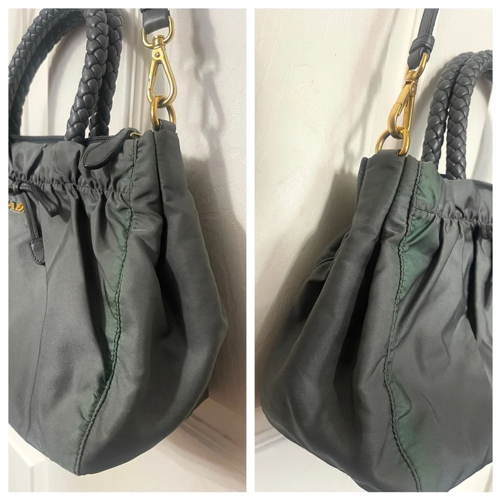 Prada Bow Tessuto Nylon and Leather Green/Gray Shoulder/Handbag 2-Tone w/COA